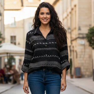 Chico's Design 100% Linen Black Boho Breezy Embroidery Button Up Shirt, Large